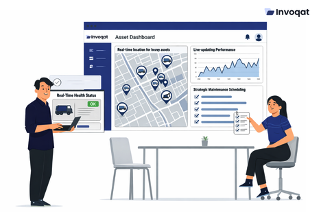 Operations manager monitoring real-time asset intelligence dashboard showing equipment performance and operational insights.