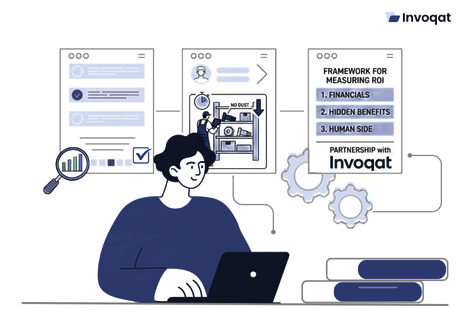 Diagram explaining how organizations calculate asset digitisation ROI using operational savings, reduced downtime, maintenance efficiency, and strategic asset data insights.