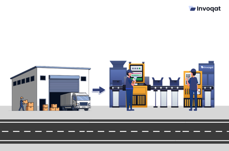 Illustration showing AIDC in inventory management with barcode, RFID, and NFC scanning for real-time stock accuracy.