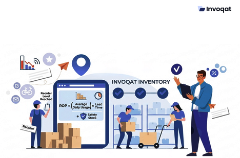 Warehouse manager analyzing reorder point formula using inventory demand and safety stock data to prevent stockouts and overstocking.