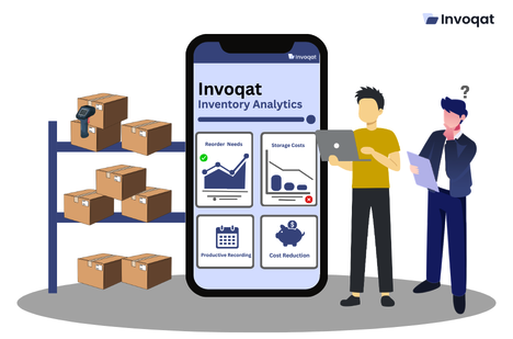 Illustration showing inventory analytics dashboards transforming scan data into reorder signals and cost-saving insights.