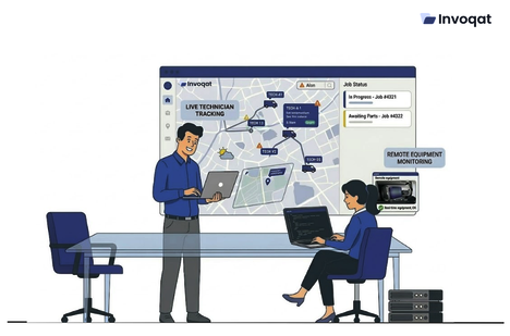 Illustration showing real-time field service data helping managers monitor technician activity, service updates, and operational decisions.