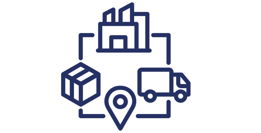 Diagram representing lean inventory management with warehouse, delivery truck, and location icon showing optimized stock flow and controlled replenishment.