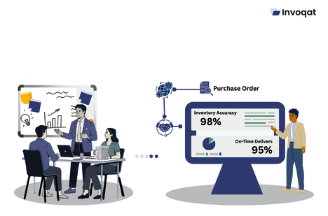 Illustration showing digital inventory systems providing real-time stock visibility to improve purchase order accuracy and supplier collaboration.